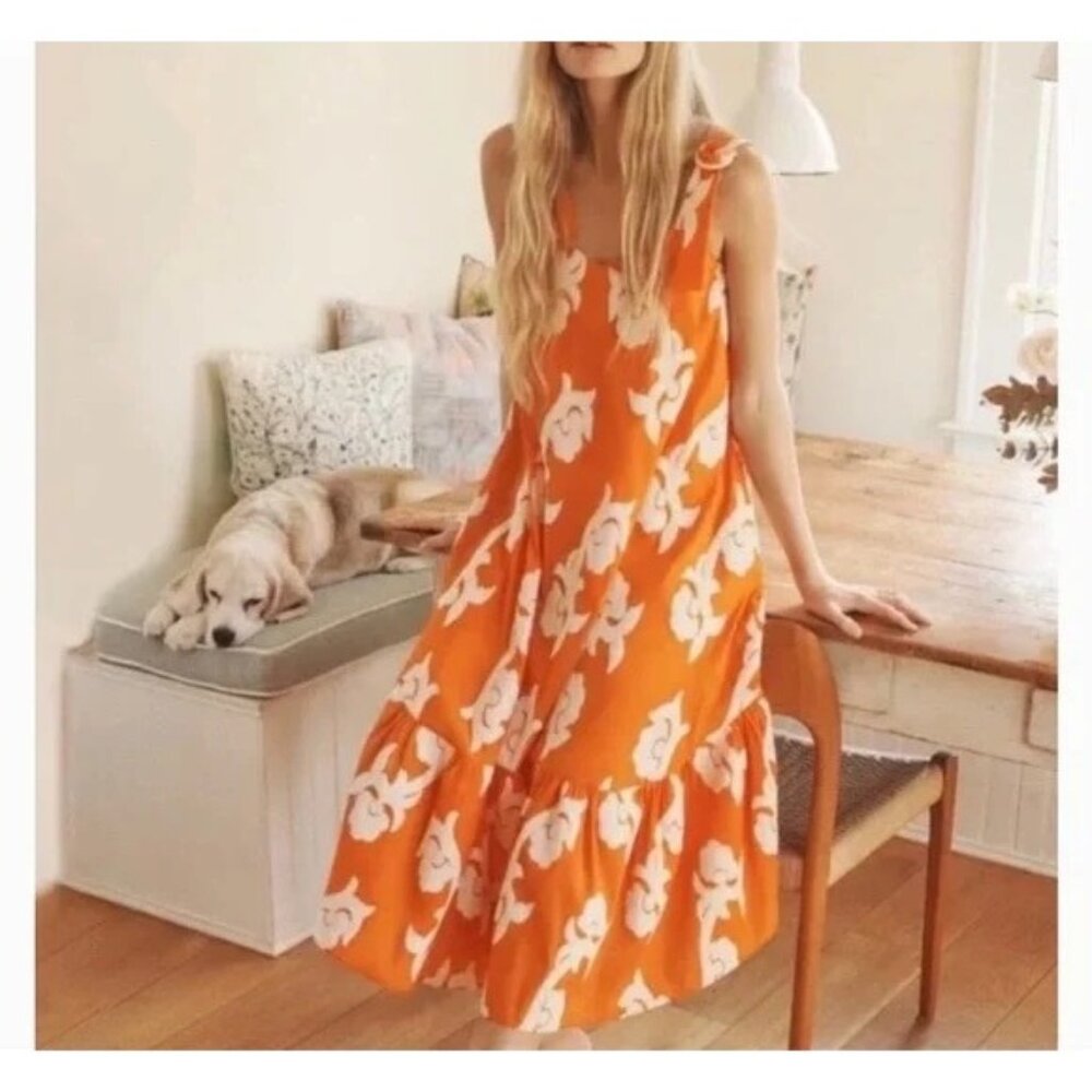 Exquise Phoebe Orange Embroidered Flounced Midi Dress Womens Size XSmall